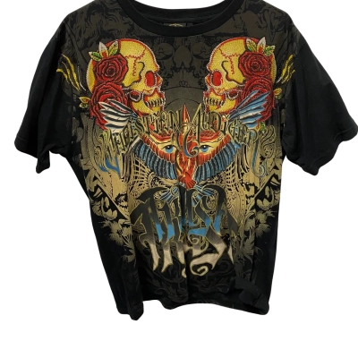 Christian Audigier Vintage Trist Rhinestone Skull Mens  Size XXL Short Sleeve T-shirt Black  