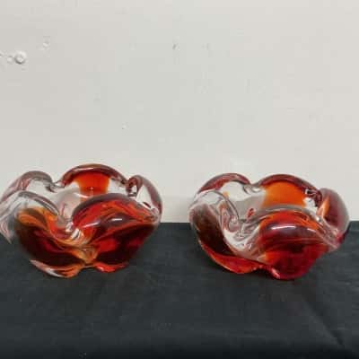 2 x Vintage Murano Style Red and Orange Hand Blown Ashtrays 