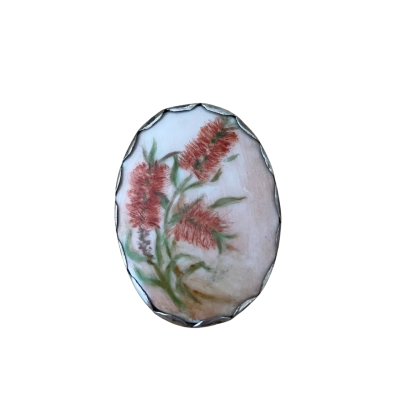 Vintage 925 Sterling Silver Hand-painted Bottlebrush Floral Porcelain Brooch
