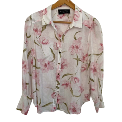 Decjuba Womens  Size 8 Button Up Top / Long Sleeve Top Floral / Pink  / White 