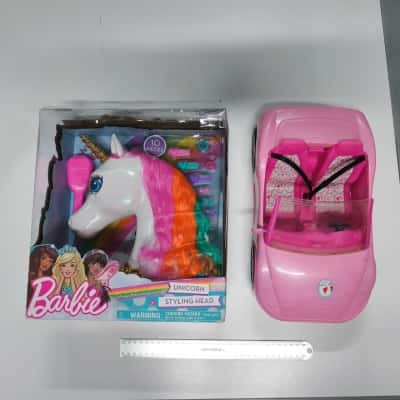 Barbie & Dreamtopia Bundle: Pink Glam Convertible Car & Boxed Unicorn Styling Head PreOwned Bundle 