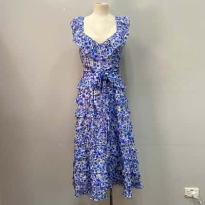 Talulah Womens Petula Silk/Linen Midi Dress French Blue / Floral 