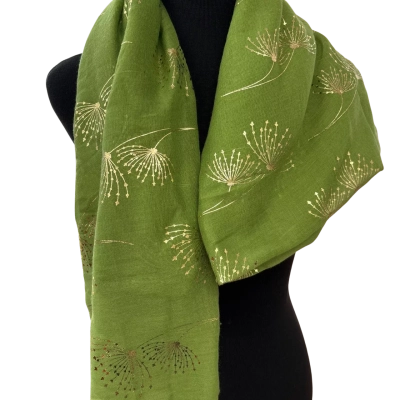 Women’s - One Size Scarf - Green with gold flowers 