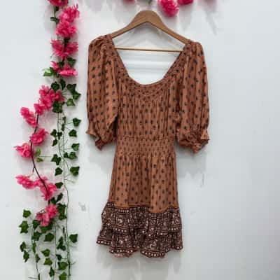 Tigerlily Womens Short Sleeve Mini Dress Size 8 Brown / Floral 