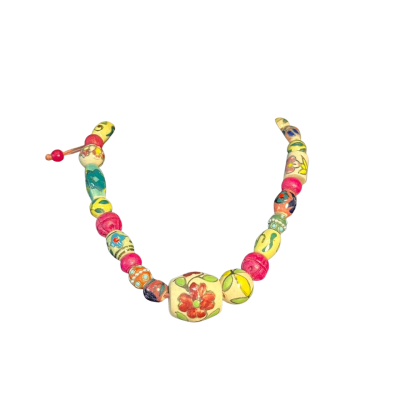 Necklace With Handpainted Ceramic Beads and Pink Wooden Beads