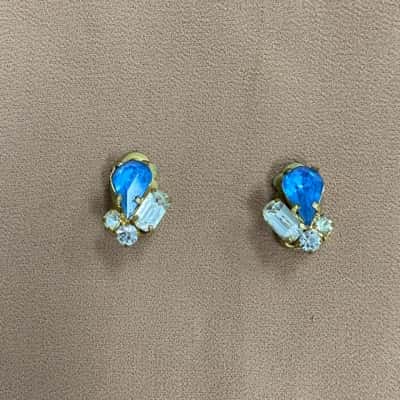  Womens Vintage Geometric Blue and Diamanté Clip On Earrings