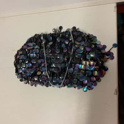  Womens beaded Clutch Black  with blue green purple tones sequins silver tones chain
