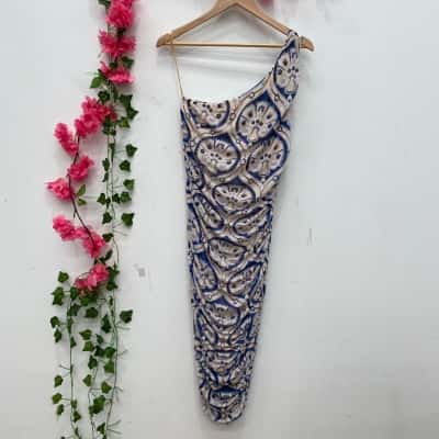 House of Harlow 1960 Womens One Shoulder Dress Size L Blue / Nude 