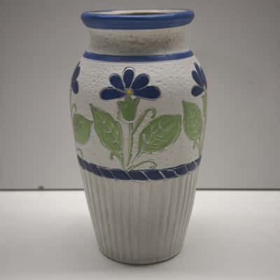 Vintage Studio Pottery Ceramic Vase Blue Floral Pattern Base Mark