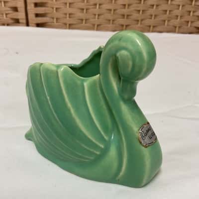 Vintage  Australian Casey Ware green ceramic swan Vase 