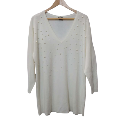 City Chic Women's Size XS V-Neck Cream/White Jumper with Pearls