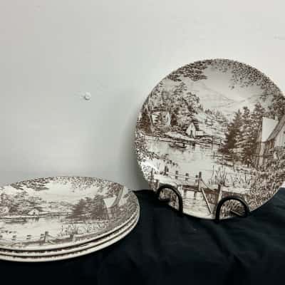 4 x Vintage Kelston Ceramics Dinner Plates - “riverside village scene”