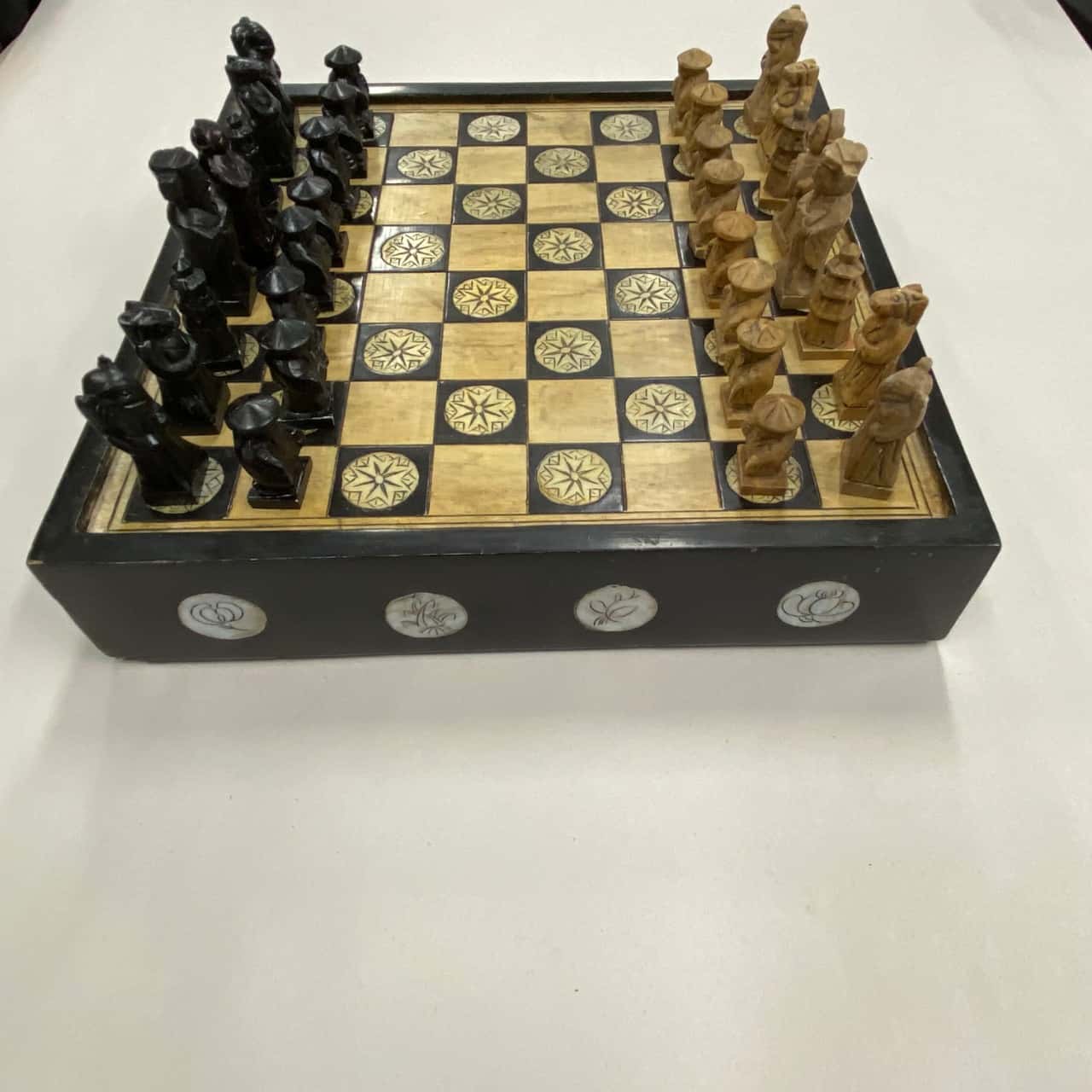 Chess Set Ornate Hand Carved Stone & Wood Board 27x27cm (Complete with ...