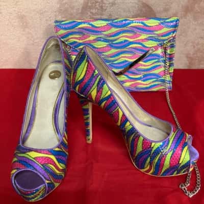 Zu Alex Stiletto's Women's  Size 7 Multicoloured with Matching Clutch Bag