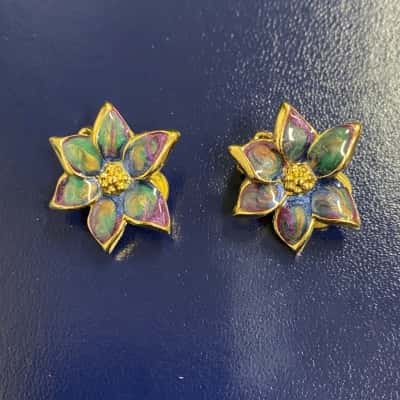  Womens Vintage Blue/Green/Purple Flower Clip On Earrings 