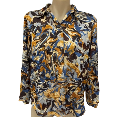 Abercrombie & Fitch Womens Long Sleeve Satin Button Up Shirt - Retro Blue and Gold Marble Swirl - Size XS 