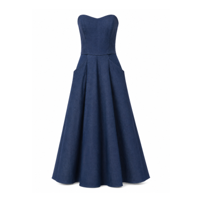 Blondie Nites Navy Denim-Style Strapless Formal Gown