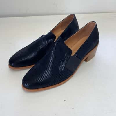 Blue Illusion Black Allenby Textured Loafers Block Heel Elastic Gusset Shoes Size 40 