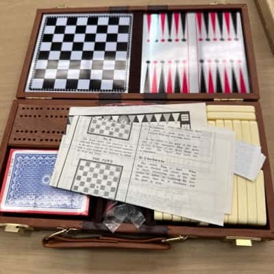 Vintage Mini Travel Games Faux Leather Case Backgammon Chess Dominoes Cribbage