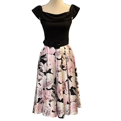 Review Womens Size 8 Midi/Off The Shoulder Dress Black/Floral/Pink