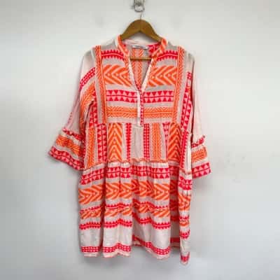 Joop & Gypsy White Pink 3/4 Sleeve Natural Garment Mini Dress Size 10