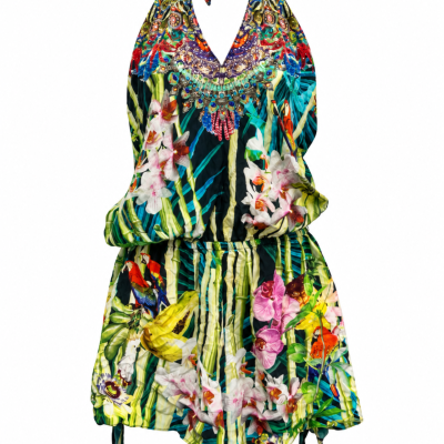 Camilla Embellished 100% Silk Tropical Halter Playsuit – Size 2