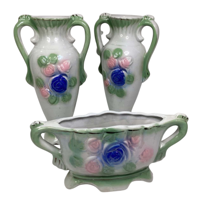 Vintage Mingay Lustreware pastel Green floral vases