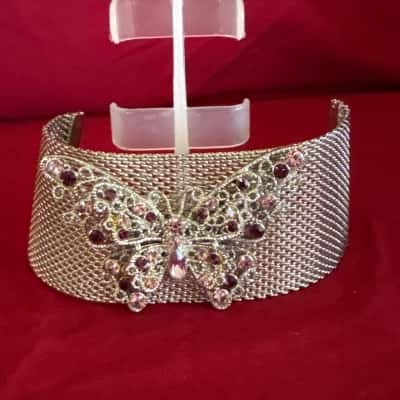  Women's Silver Tone Mesh Bracelet with a Butterfly Motif Embellished  with Purple/Pink Rhinestones 