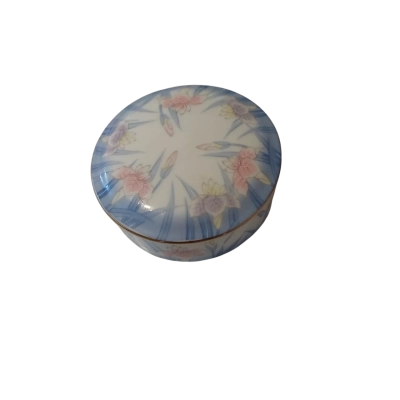 Blue / White Vintage Porcelain Round Trinket Box 9cm in Diameter 
