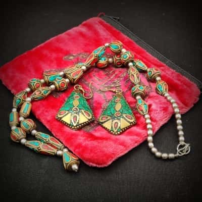 A Real Talking Point Vintage Tibetan Kite Shape Mosaic Style 5cm Long Earrings With Matching Necklace Featuring Red, Blue & Turquoise Insets 52 cm Long
