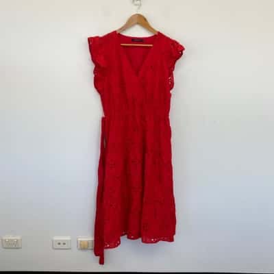 Portmans Red Broderie Short Sleeve Midi Dress  Size 14 