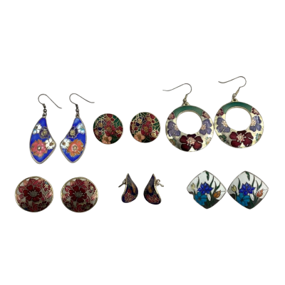Lot of 6x Vintage Womens Earrings Multicoloured Floral Cloisonné Style