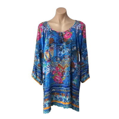 Lulalife Womens Size 3XL Blue / Multicoloured Pattern 3/4 Sleeve Top