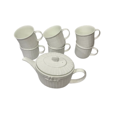 Wedgwood Nantucket Bone China Teapot & 6 Mugs – White Basketweave