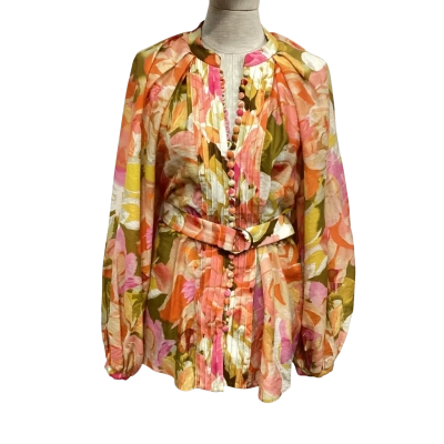 Acler  Size 6 Long Sleeve Belted Shirt Brown / Floral / Orange / Pink  