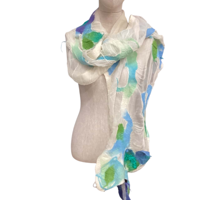  Handmade Felted Silk Scarf Blue / Cream / Green 