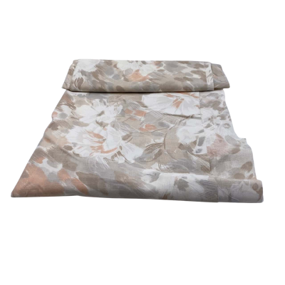 Cotton mix fibre.  125 x 240 cms.  Floral, fawn, browns and beige.  (Fab 1).