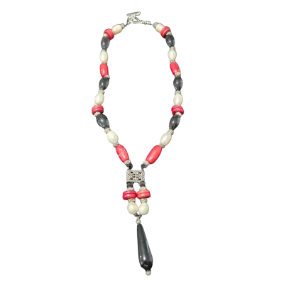 Hand Made Red/Black/Off-white Beaded Necklace
