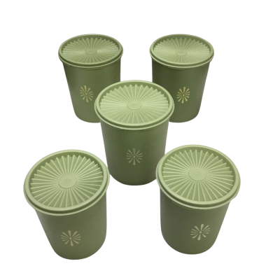 Five Vintage Tupperware Avocado Green Nesting Canisters With Servalier Lids
