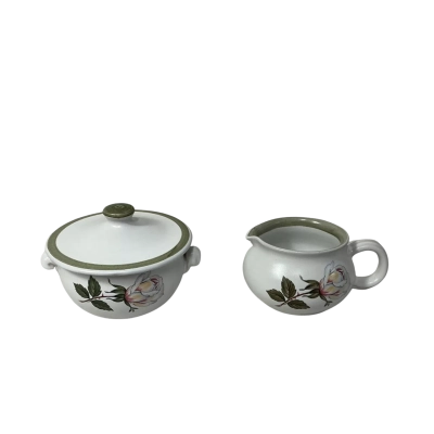 Denby Stoneware White / Pink Rose Pattern Lidded Sugar Bowl & Milk Jug