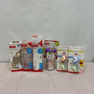 Babies Nuk Glass bottles, Straw cup and soother set.