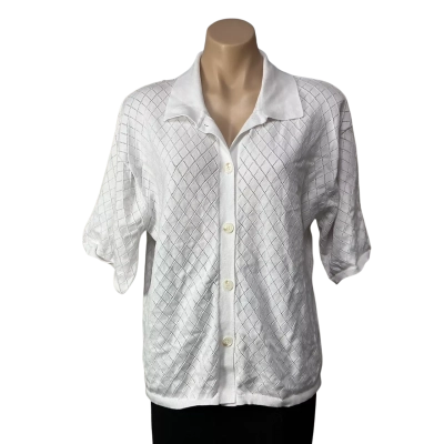 Seven Wonders Womens Size L White Diamond Pattern Button-down Short Sleeve Cardigan with Collar