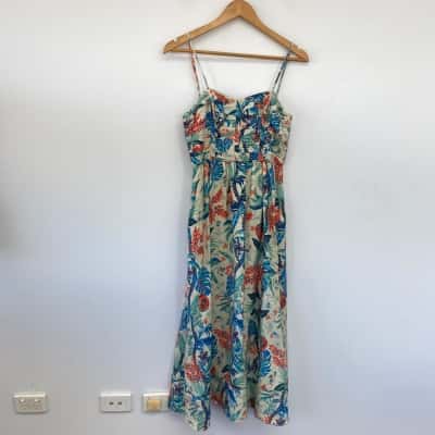 Shona Joy Oatmeal Colourful Mahalo Ruched Panel Midi Dress  Size 8 