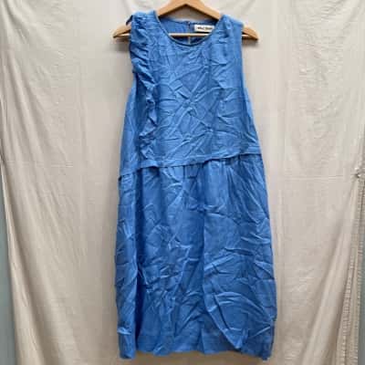 EB&IVE Pale Blue Linen Indica Frill Dress Size L