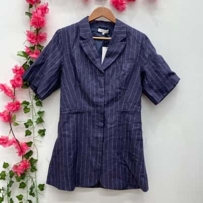 AERE Womens Linen Pinstripe Blazer Dress Size 12 Navy Blue / Pinstriped 