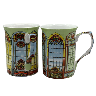Pair of Heritage Fine Bone China Mugs, Stain Glass window design, made in Stoke-On-Trent England CAB