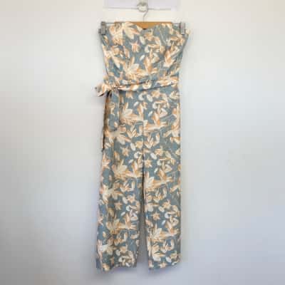 Rosebullet Blue Yellow Leaf Pattern Strapless Jumpsuit  Size 6 
