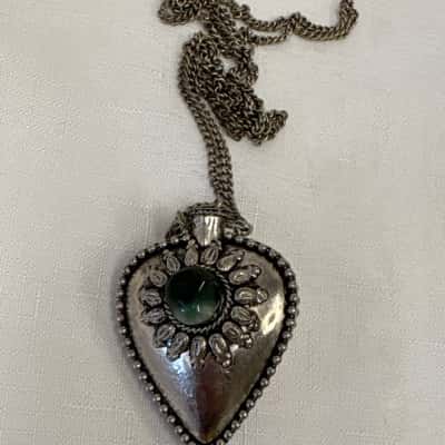  Women's Silver Heart-Shaped Perfume Bottle Pendant Necklace with Central Stones Accent