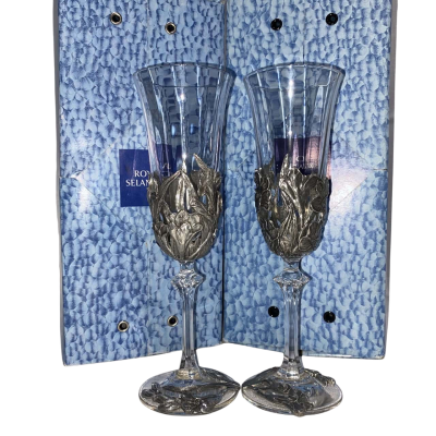 ROYAL SELANGOR Pair of  Vintage Crystal and Pewter Champagne Goblets in Iris design