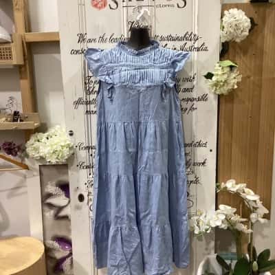  ZJOOSH BRAND! SLEEVELESS TIERED MIDI DRESS! 100% QUALITY LINEN! Womens  Size L Babydoll Dress / Midi Dress / Sleeveless Dress  Blue 